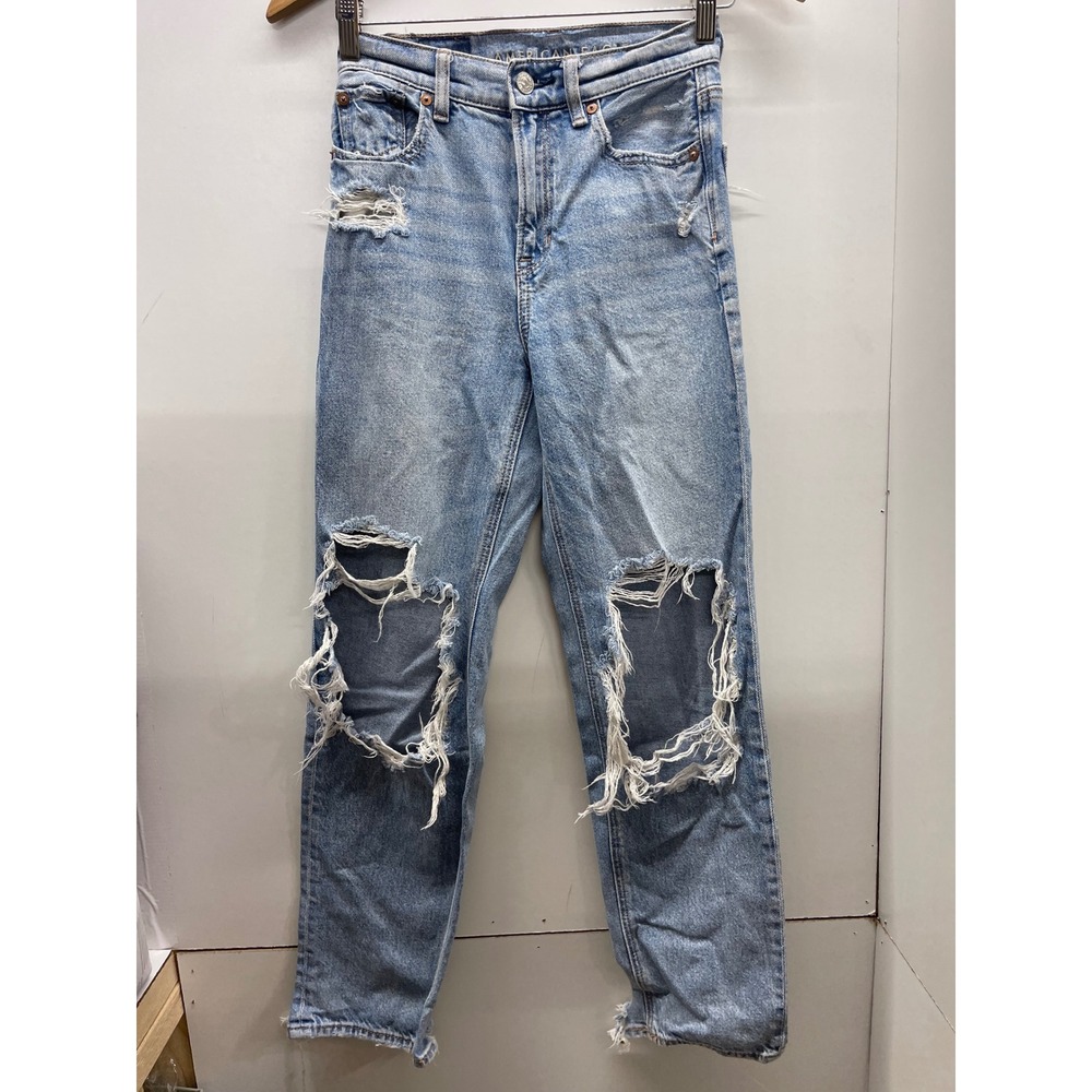 American Eagle Super High-Rise Baggy Straight Strigid Distressed Jeans 000 Short
